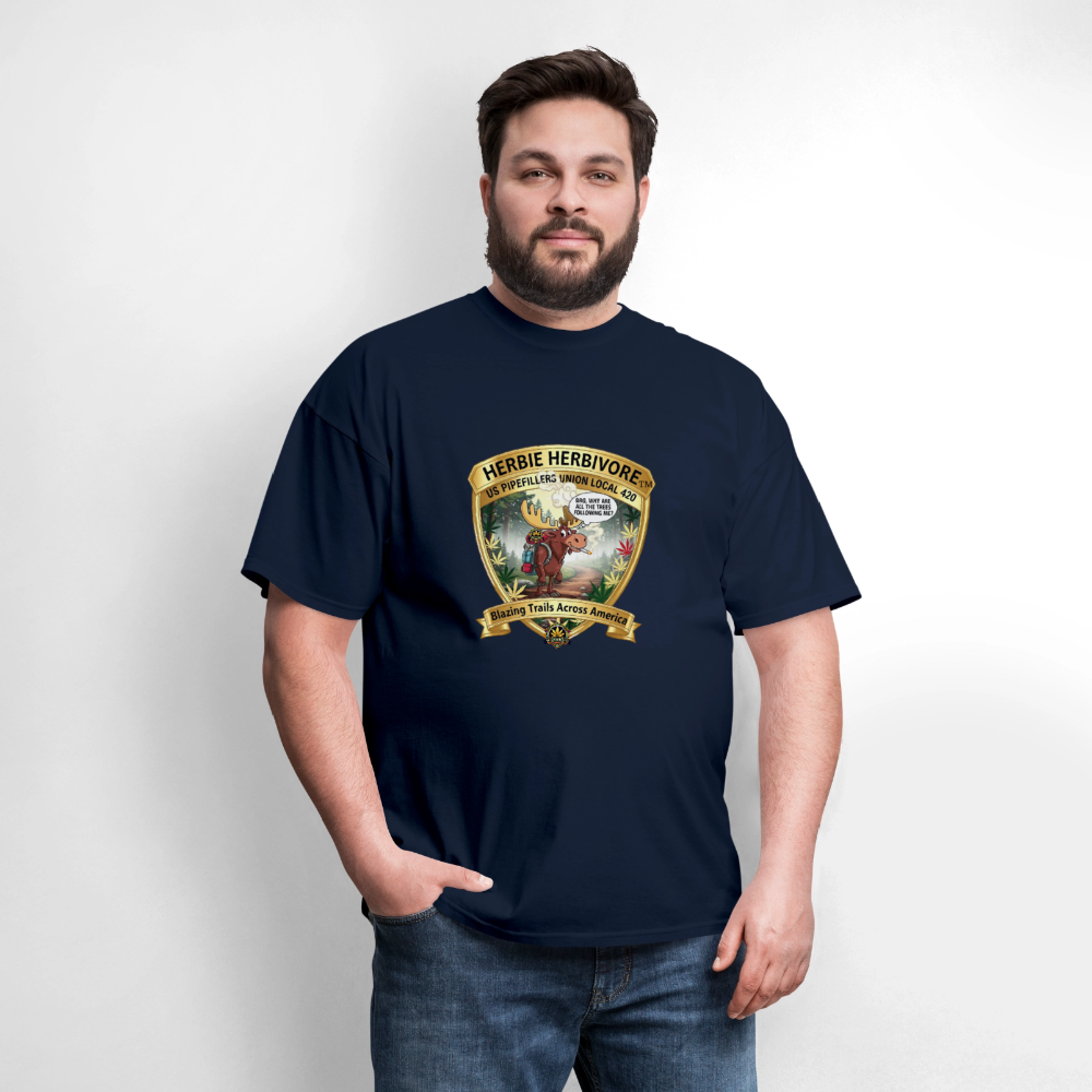 US PIPEFILLERS UNION LOCAL 420 RRO, "HERBIE HERBIVORE" Soft Cotton Tee - navy