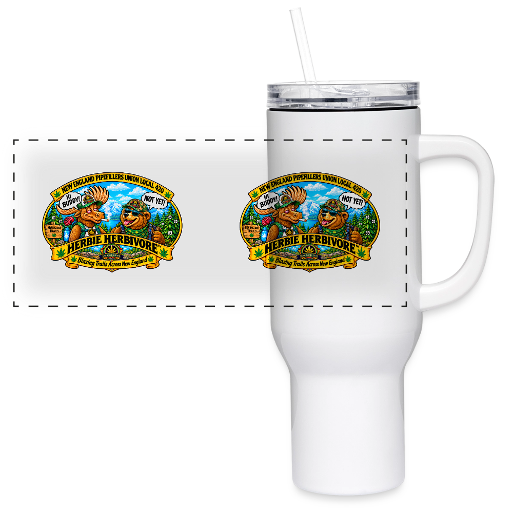 HERBIVE HERBIVORE HI BUDDY NEW ENGLAND PIPEFILLERS UNION LOCAL 420  40 oz Stainless Steel Travel Tumbler - white