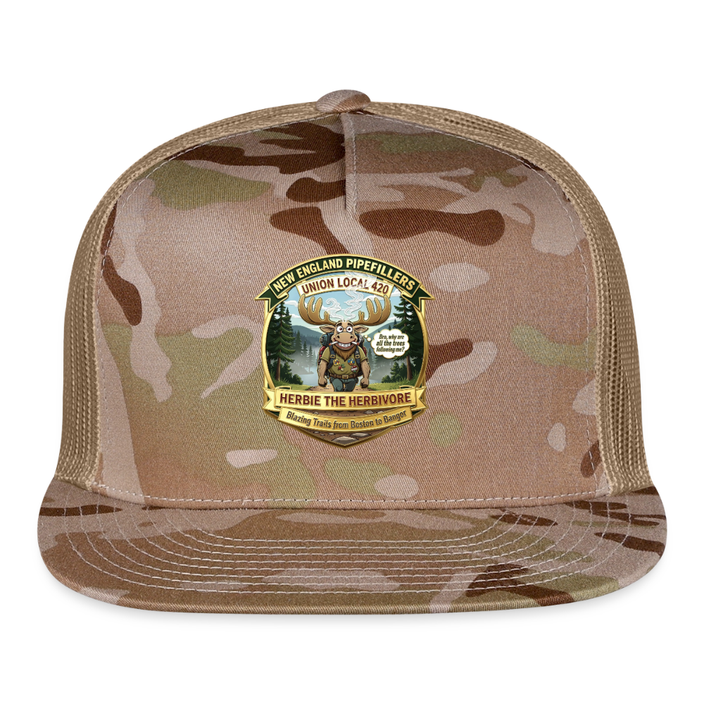 NEW ENGLAND PIPEFILLERS UNION LOCAL 420 "HERBIE THE HERBIVORE" Trucker Hat - MultiCam\tan