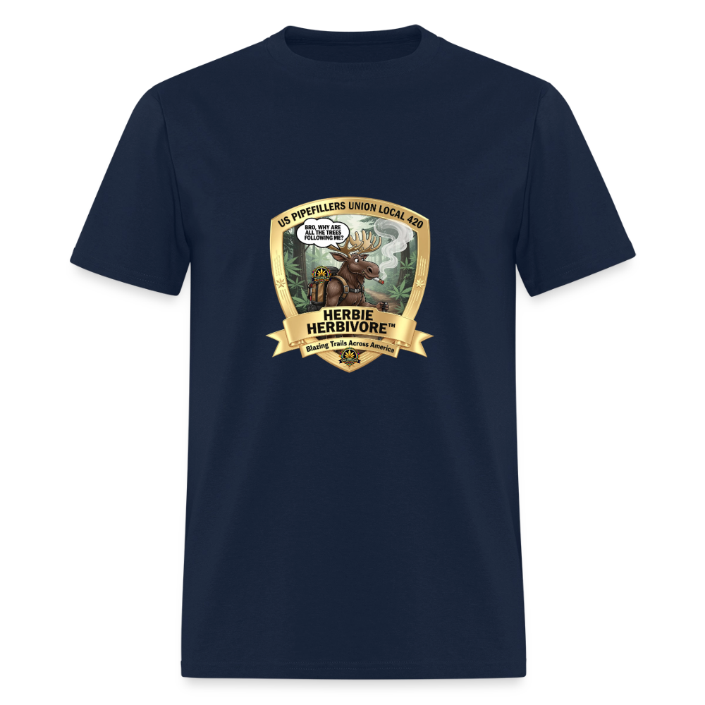 US PIPEFILLERS UNION LOCAL 420 RRO, "HERBIE HERBIVORE" Soft Cotton Tee - navy
