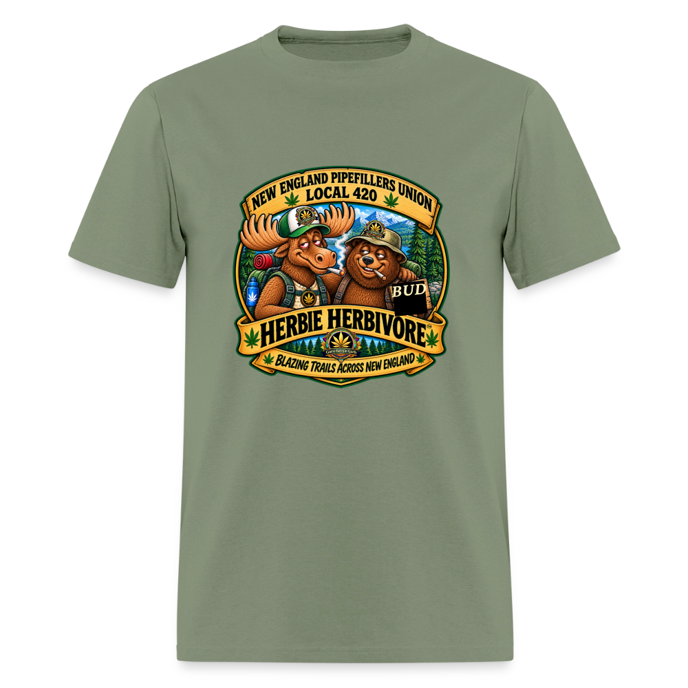 HERBIE HURBIVORE and BUDDY NEW ENGLAND PIPEFILLERS UNION LOCAL 420 Cotton Men's Tee - military green