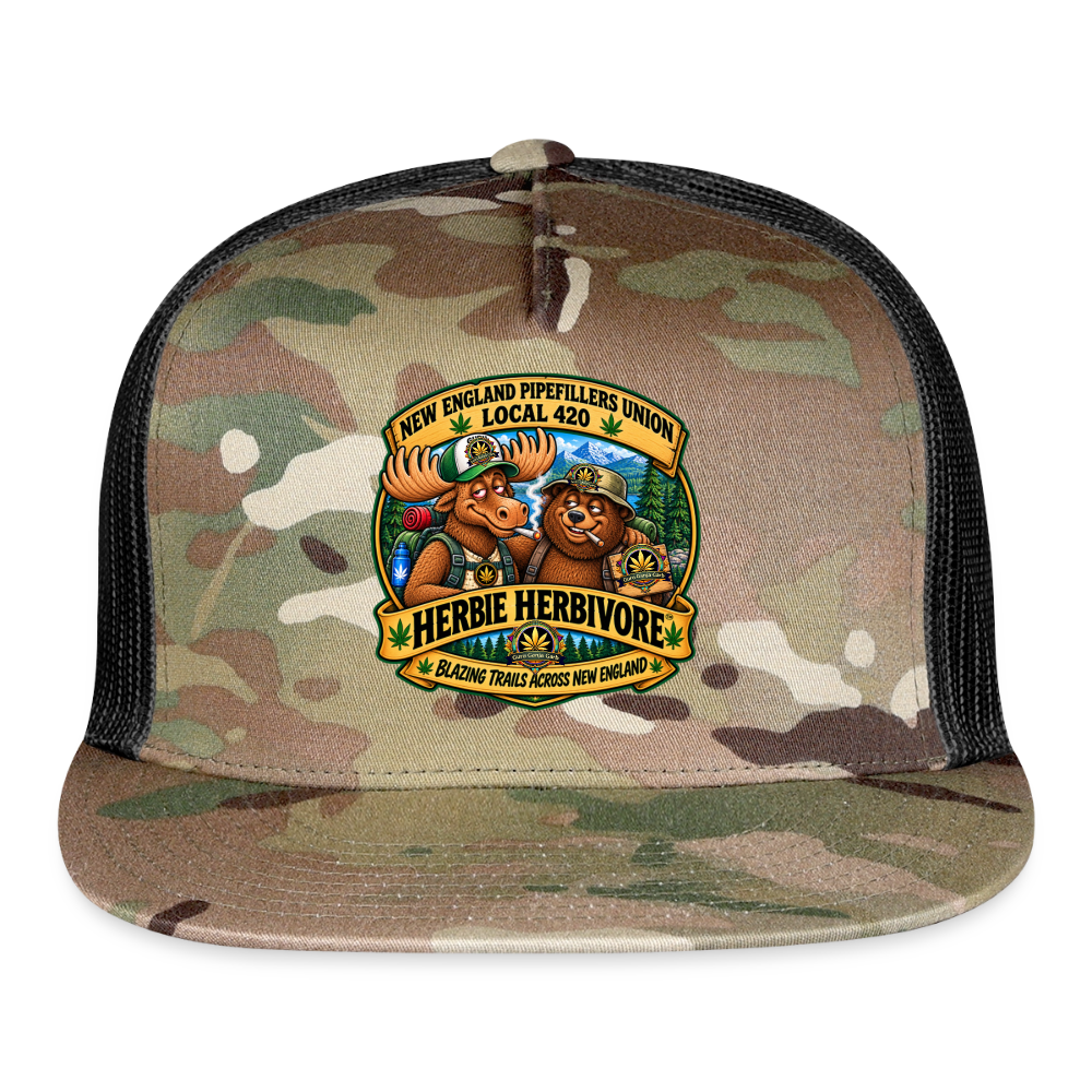 HERBIE HURBIVORE and BUDDY NEW ENGLAND PIPEFILLERS UNION LOCAL 420 CAMO Trucker Hat - MultiCam\black