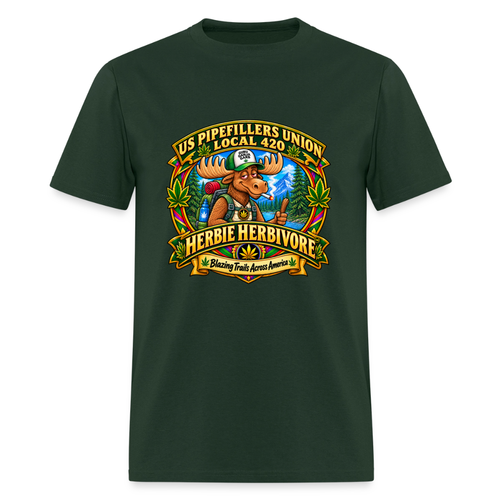 US PIPEFILLERS UNION LOCAL 420 RRO, "HERBIE HERBIVORE TM" Soft Cotton Tee - forest green