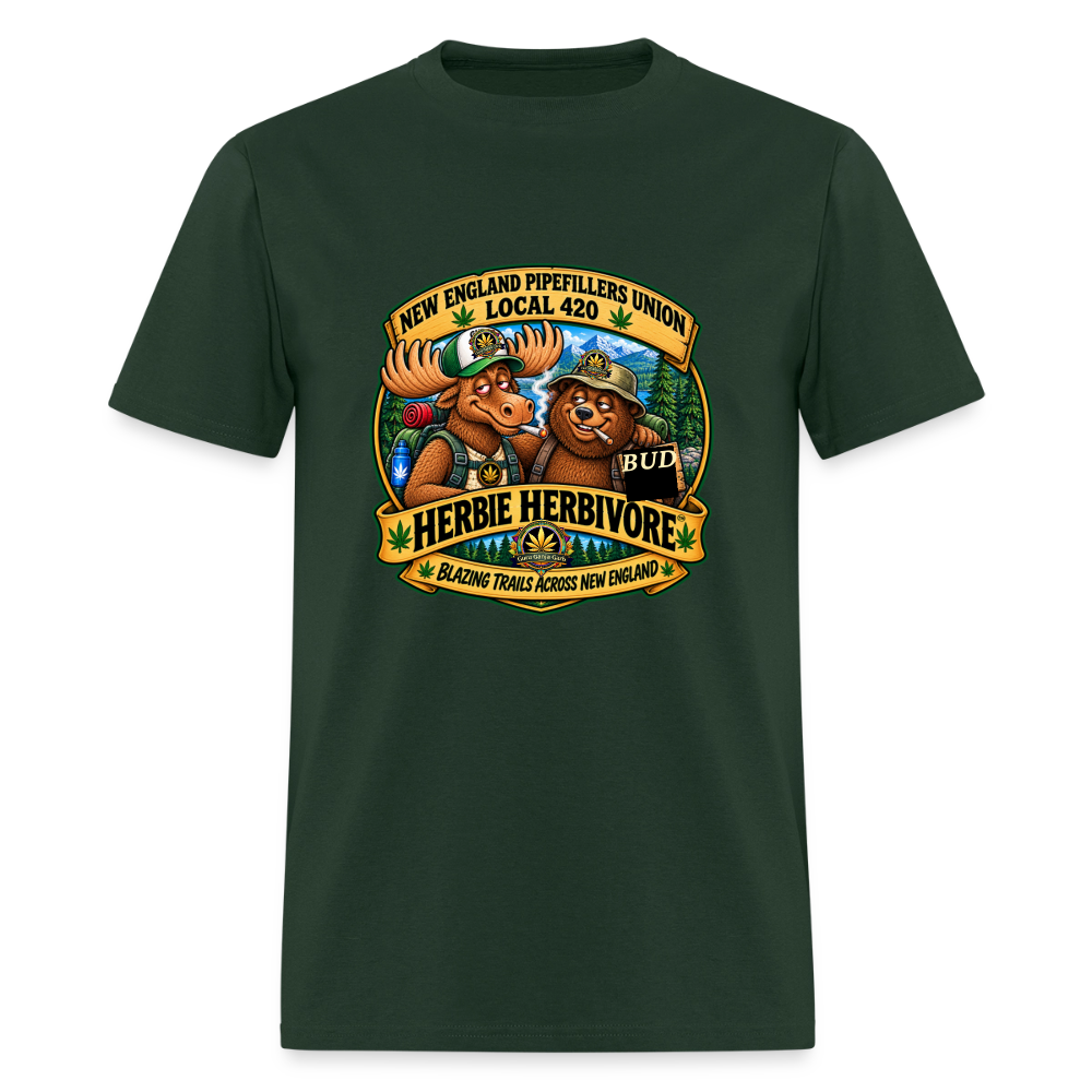 HERBIE HURBIVORE and BUDDY NEW ENGLAND PIPEFILLERS UNION LOCAL 420 Cotton Men's Tee - forest green