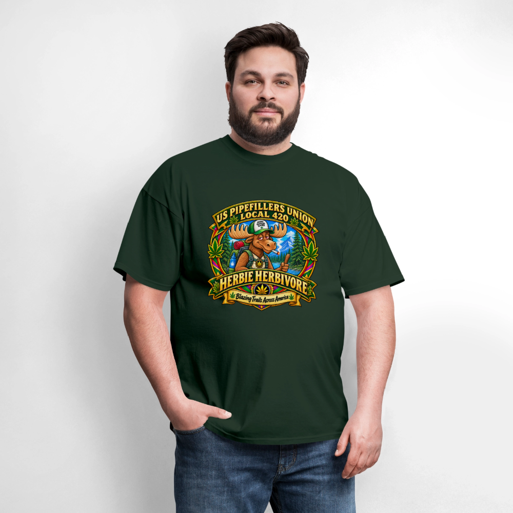 US PIPEFILLERS UNION LOCAL 420 RRO, "HERBIE HERBIVORE TM" Soft Cotton T-Shirt - forest green