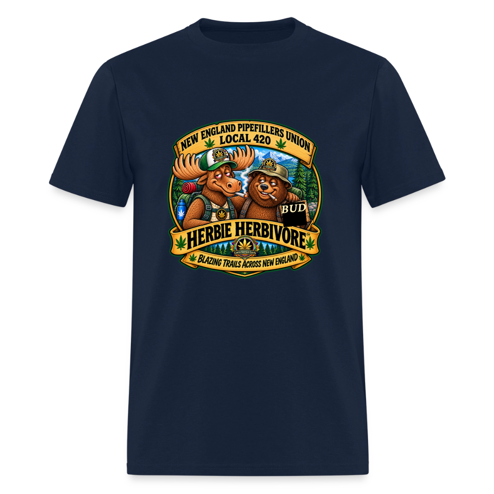 HERBIE HURBIVORE and BUDDY NEW ENGLAND PIPEFILLERS UNION LOCAL 420 Cotton Men's Tee - navy