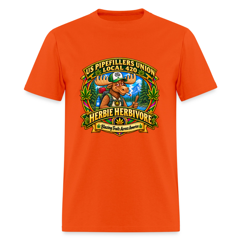 US PIPEFILLERS UNION LOCAL 420 RRO, "HERBIE HERBIVORE TM" Soft Cotton T-Shirt - orange