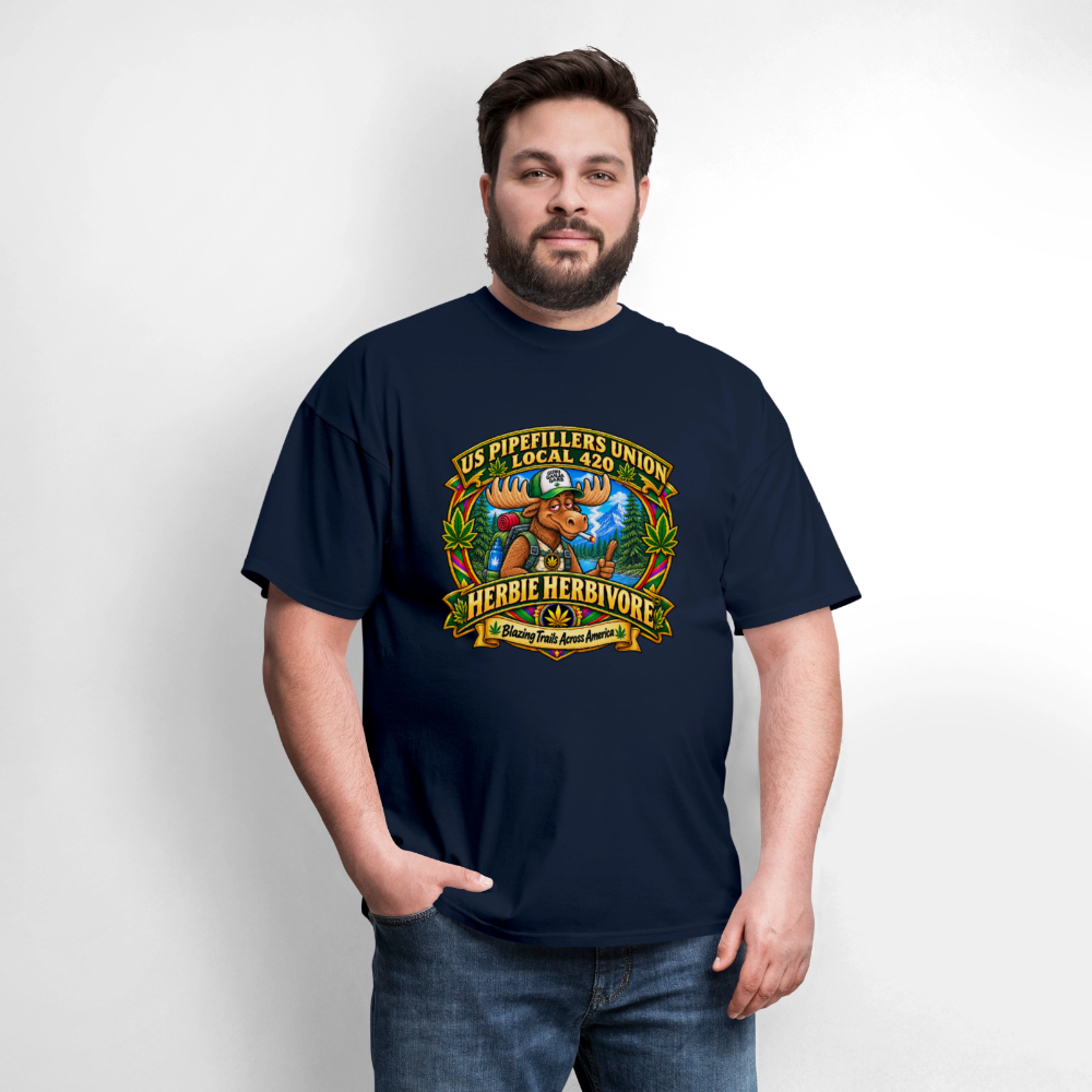 US PIPEFILLERS UNION LOCAL 420 RRO, "HERBIE HERBIVORE TM" Soft Cotton Tee - navy
