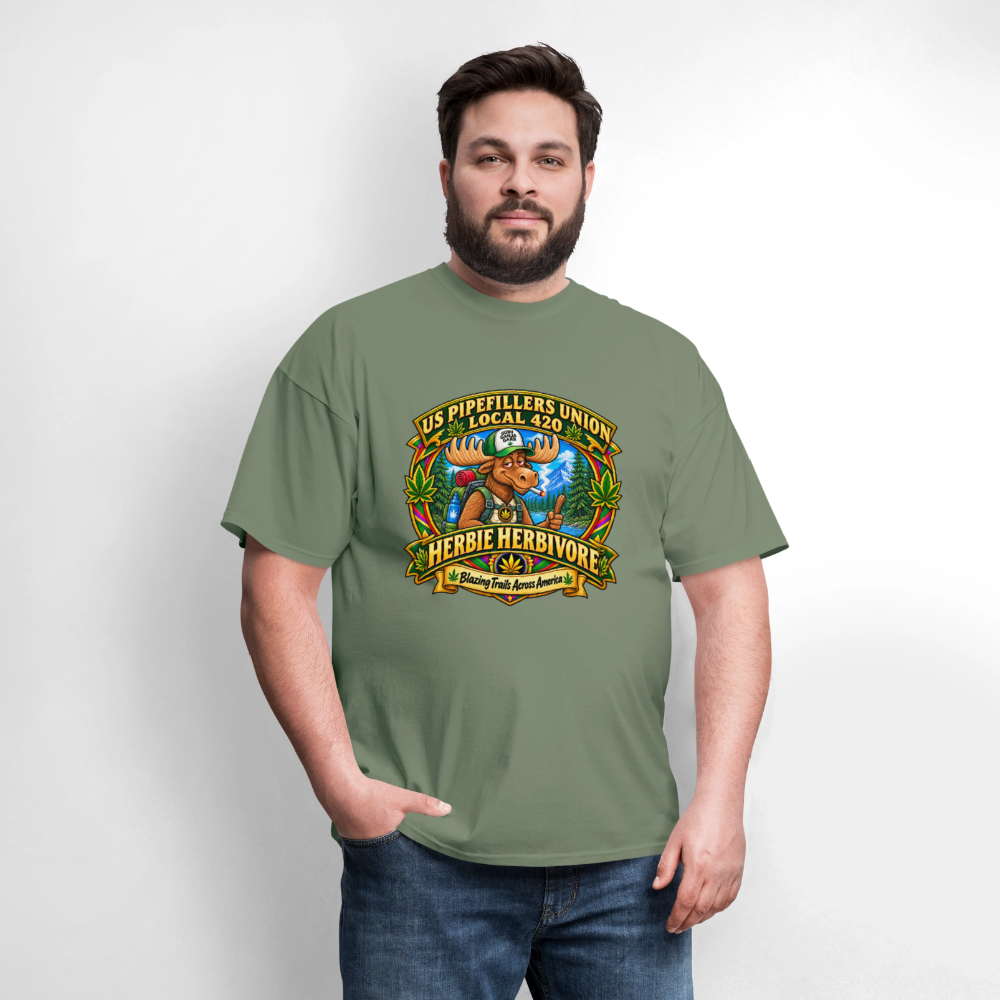 US PIPEFILLERS UNION LOCAL 420 RRO, "HERBIE HERBIVORE TM" Soft Cotton Tee - military green