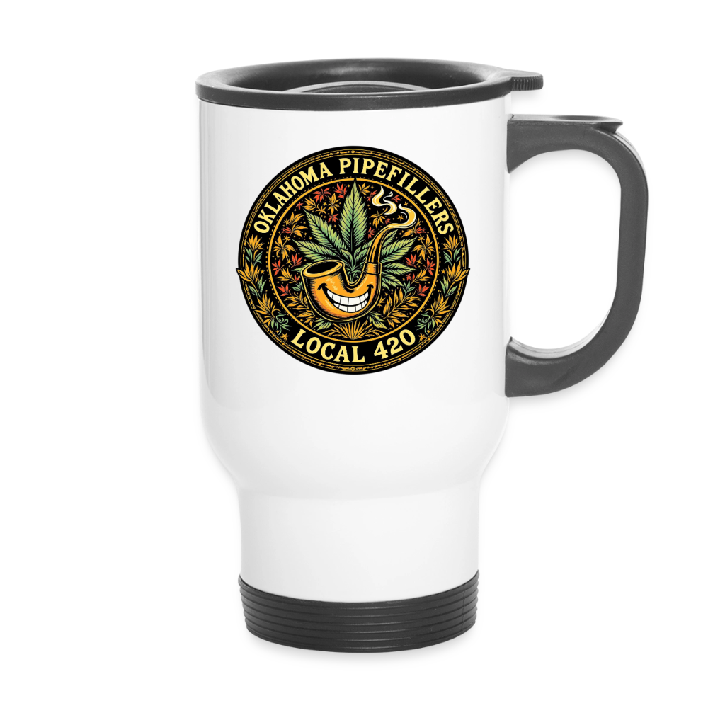 OKLAHOMA PIPEFILLERS LOCAL 420 14oz Stainless Steel Travel Mug - white
