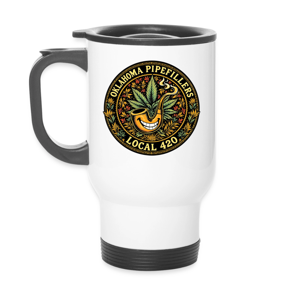 OKLAHOMA PIPEFILLERS LOCAL 420 14oz Stainless Steel Travel Mug - white