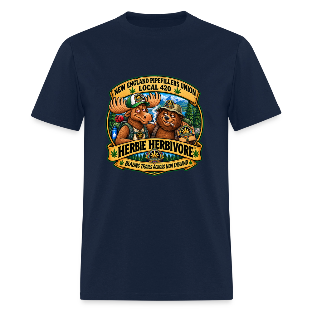 HERBIE HURBIVORE and BUDDY NEW ENGLAND PIPEFILLERS UNION LOCAL 420 Cotton Men's Tee - navy
