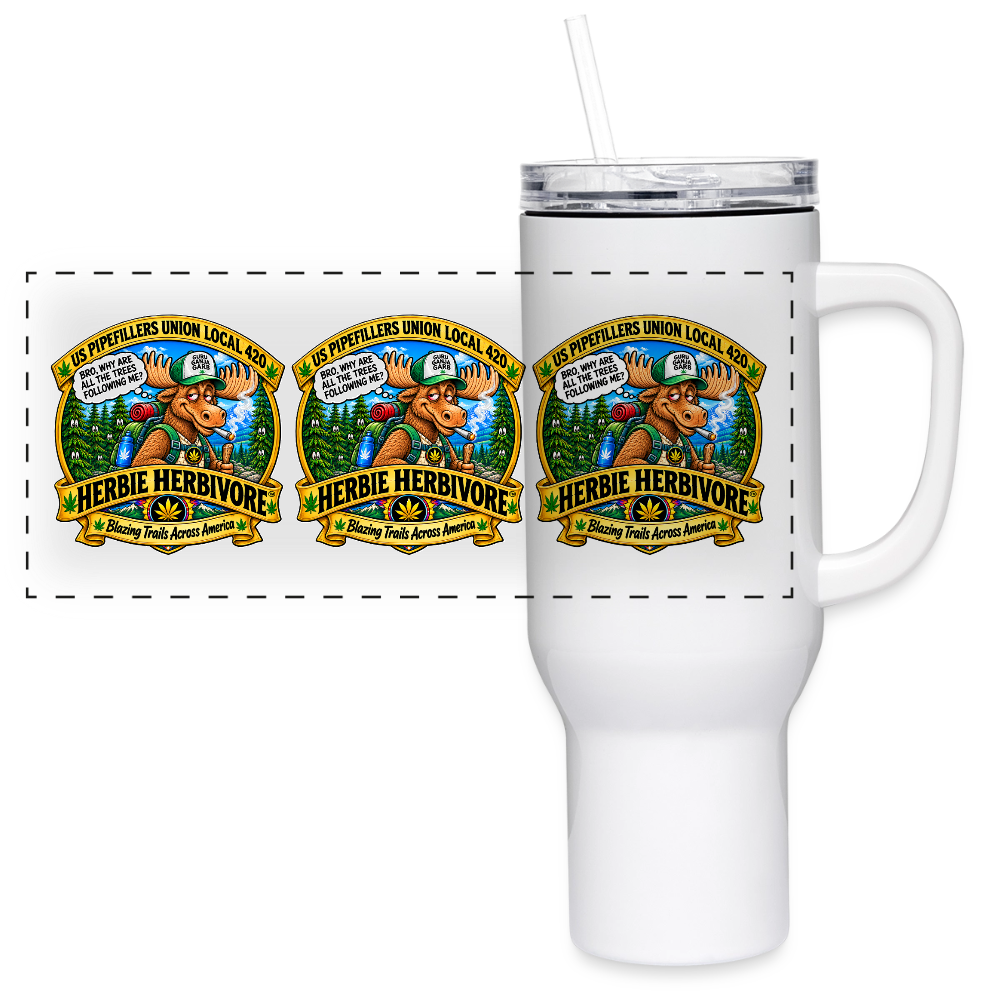 US PIPEFILLERS UNION LOCAL 420 HERBIE HERBIVORE BRO, 40 oz Stainless Steel Travel Tumbler - white
