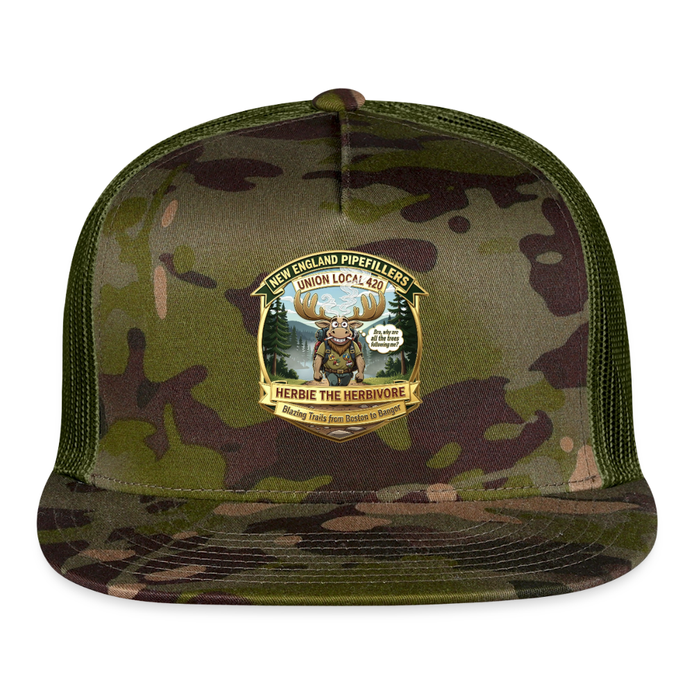 NEW ENGLAND PIPEFILLERS UNION LOCAL 420 "HERBIE THE HERBIVORE" Trucker Hat - MultiCam\green
