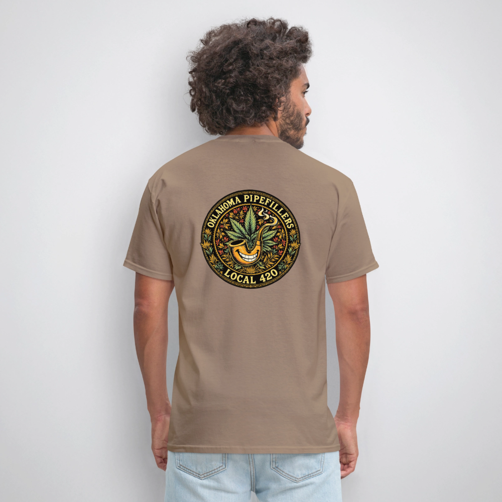 OKLAHOMA PIPEFILLERS LOCAL 420  F/B DESIGNS Men's T-Shirt - safari