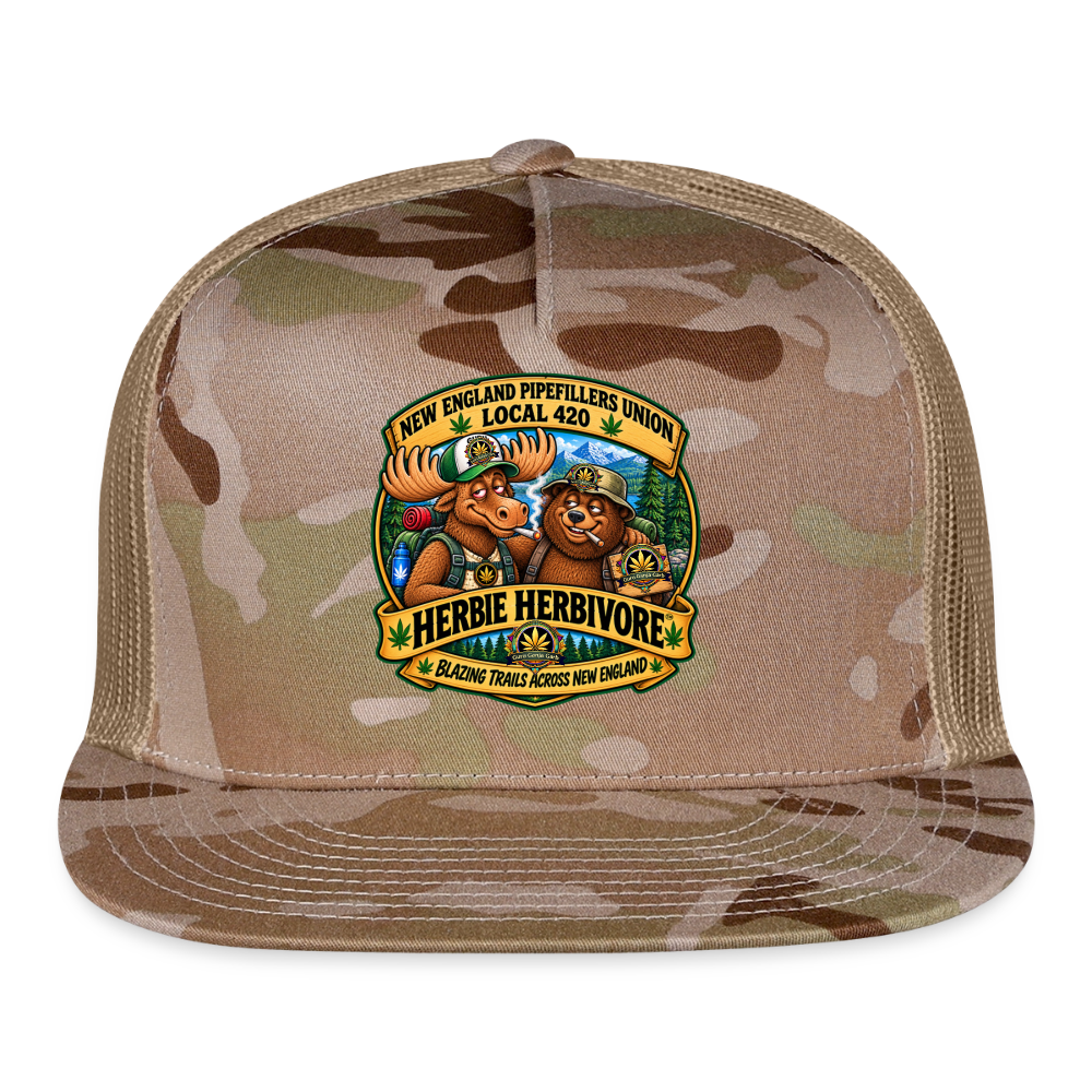 HERBIE HURBIVORE and BUDDY NEW ENGLAND PIPEFILLERS UNION LOCAL 420 CAMO Trucker Hat - MultiCam\tan