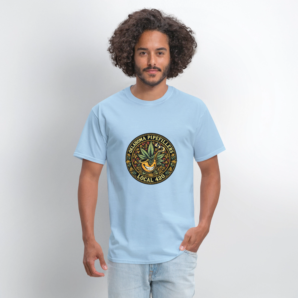 OKLAHOMA PIPEFILLERS LOCAL 420  F/B DESIGNS Men's T-Shirt - powder blue