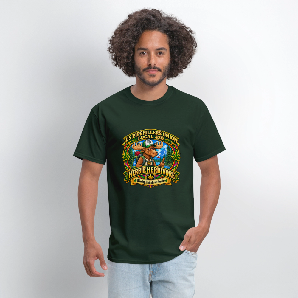US PIPEFILLERS UNION LOCAL 420 RRO, "HERBIE HERBIVORE TM" Soft Cotton T-Shirt - forest green