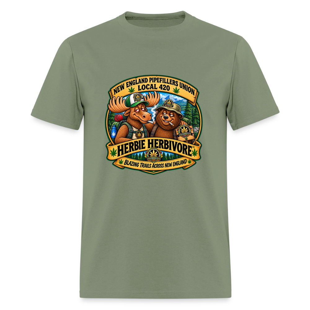 HERBIE HURBIVORE and BUDDY NEW ENGLAND PIPEFILLERS UNION LOCAL 420 Cotton Men's Tee - military green