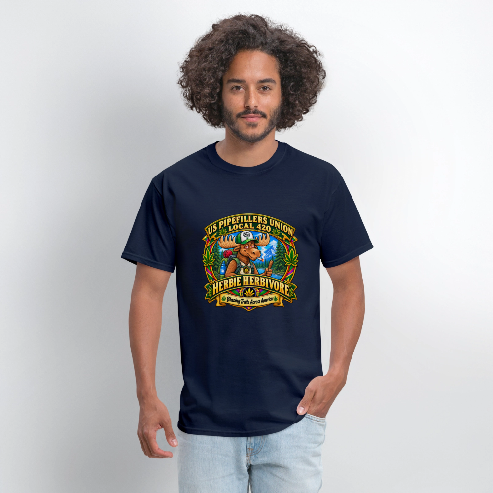 US PIPEFILLERS UNION LOCAL 420 RRO, "HERBIE HERBIVORE TM" Soft Cotton Tee - navy