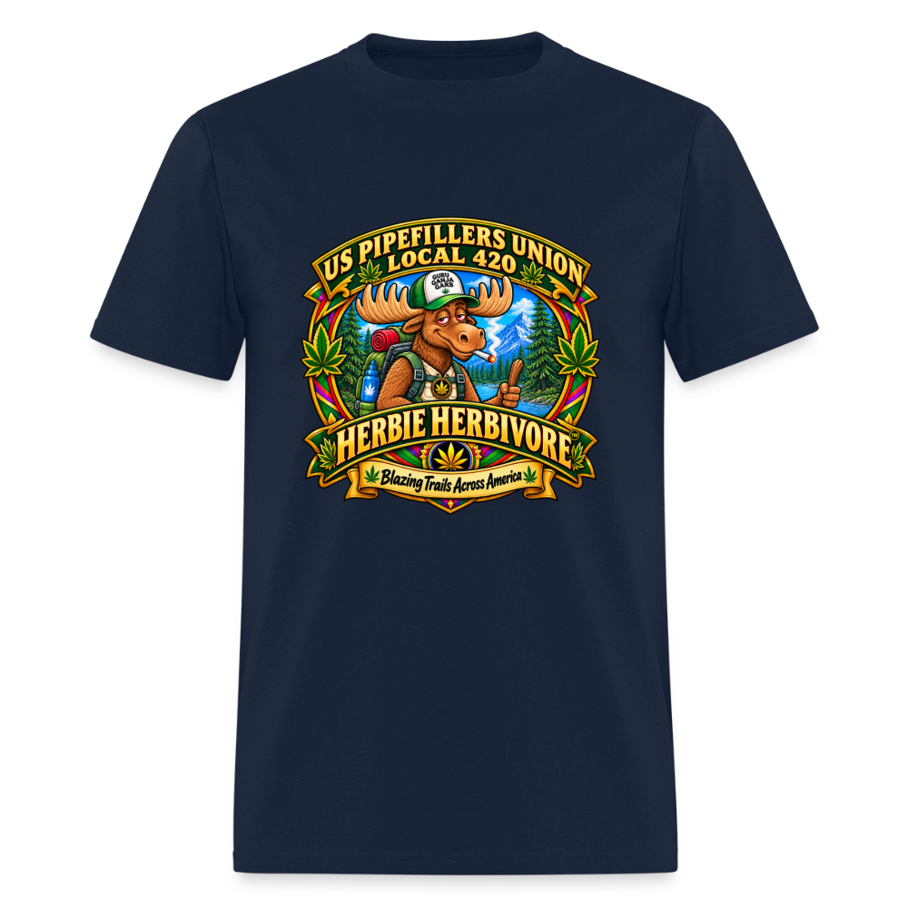 US PIPEFILLERS UNION LOCAL 420 RRO, "HERBIE HERBIVORE TM" Soft Cotton Tee - navy