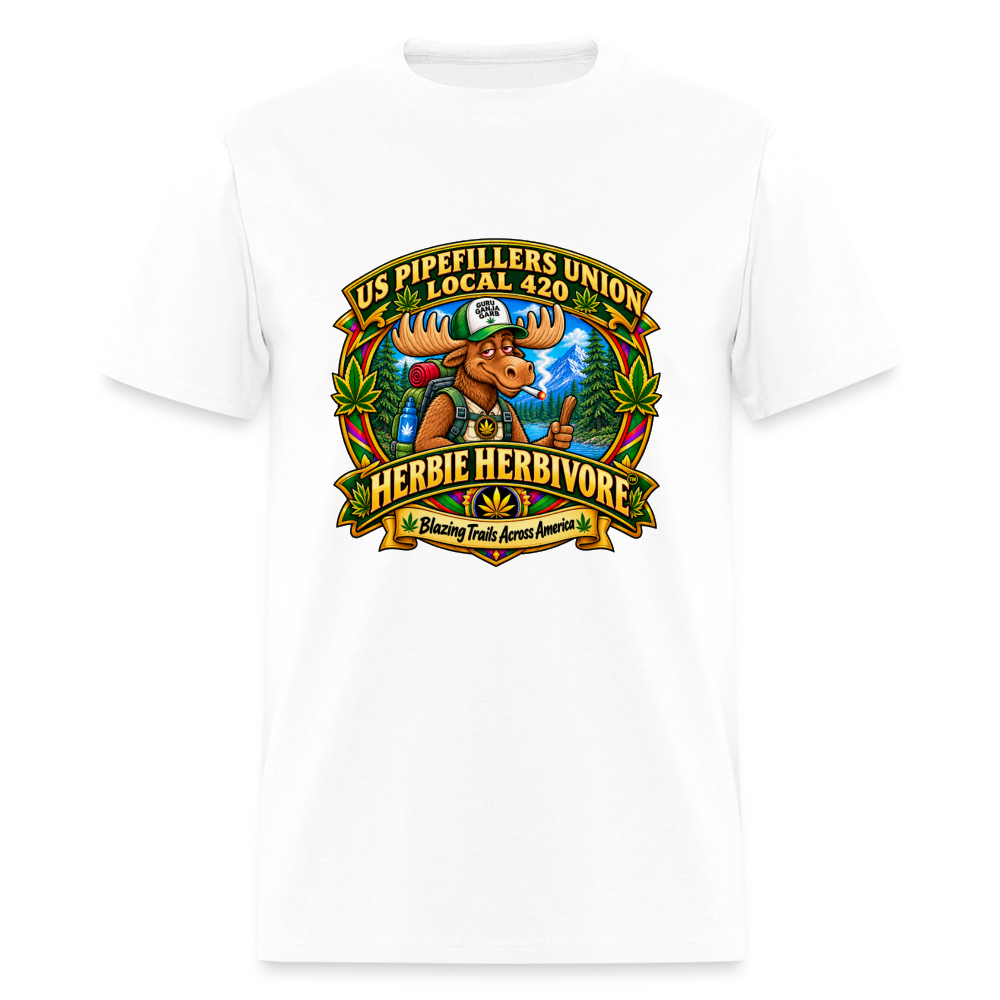 US PIPEFILLERS UNION LOCAL 420 RRO, "HERBIE HERBIVORE TM" Soft Cotton T-Shirt - white