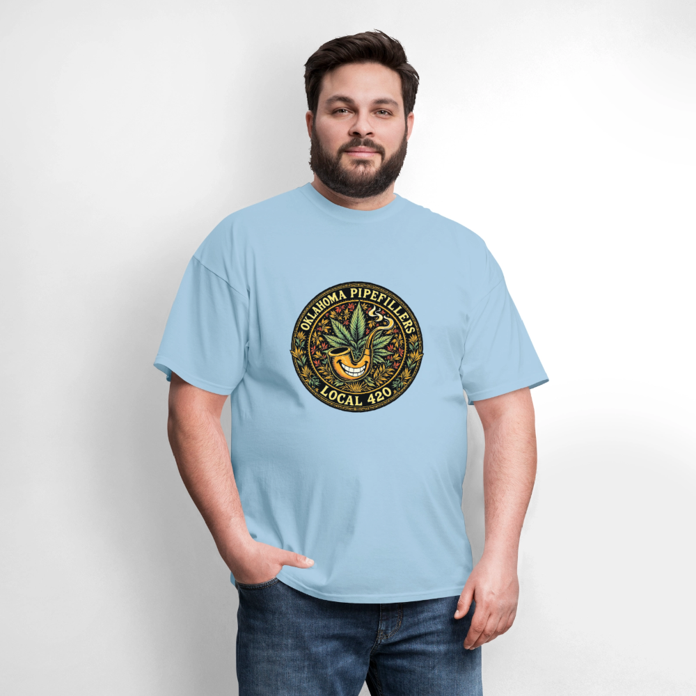 OKLAHOMA PIPEFILLERS LOCAL 420  F/B DESIGNS Men's T-Shirt - powder blue