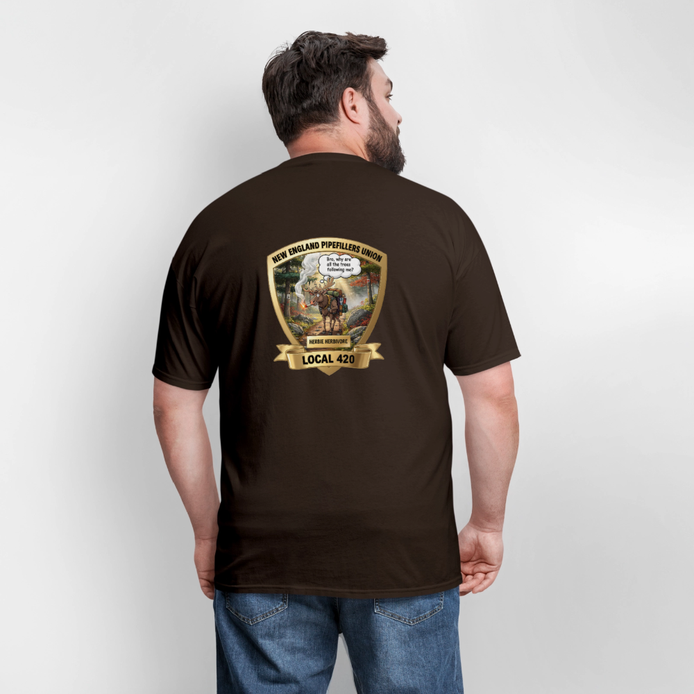 NEW ENGLAND PIPEFILLERS LOCAL 420 HERBIE HERBIVORE F/B EMBLEMS Men's T-Shirt - brown