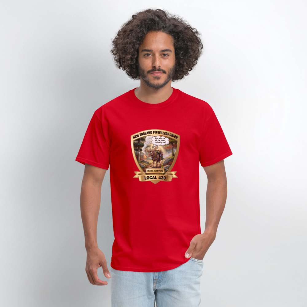 NEW ENGLAND PIPEFILLERS LOCAL 420 HERBIE HERBIVORE F/B EMBLEMS Men's T-Shirt - red