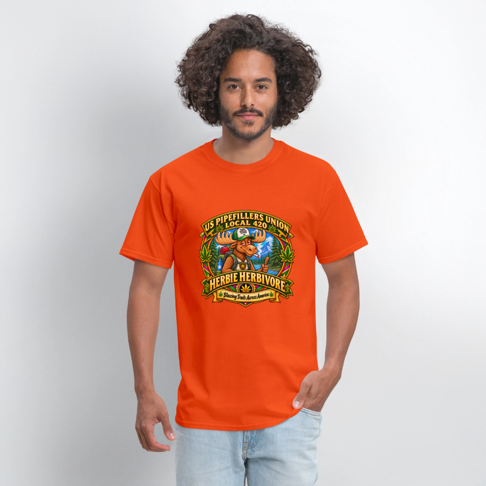 US PIPEFILLERS UNION LOCAL 420 RRO, "HERBIE HERBIVORE TM" Soft Cotton T-Shirt - orange