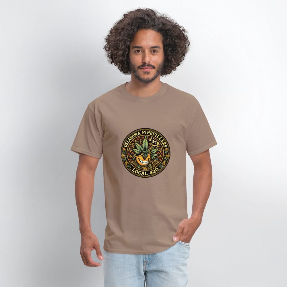OKLAHOMA PIPEFILLERS LOCAL 420  F/B DESIGNS Men's T-Shirt - safari