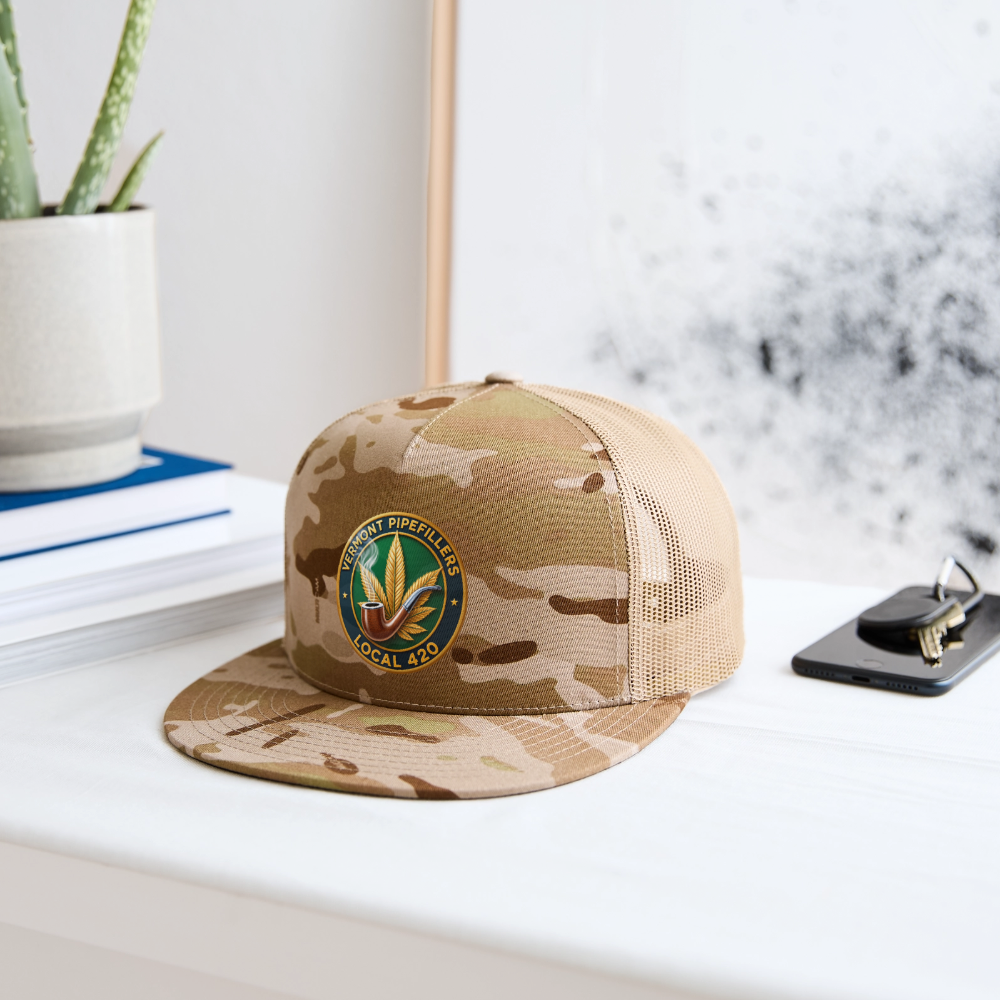 VERMONT PIPEFILLERS LOCAL 420 2 EMBLEM Men's CAMO Trucker Hat - MultiCam\tan