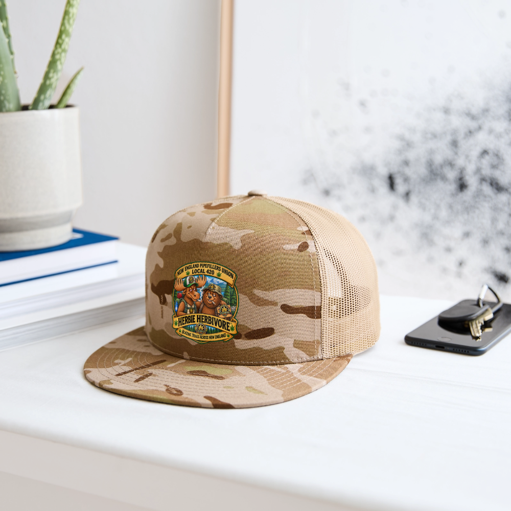 HERBIE HURBIVORE and BUDDY NEW ENGLAND PIPEFILLERS UNION LOCAL 420 CAMO Trucker Hat - MultiCam\tan
