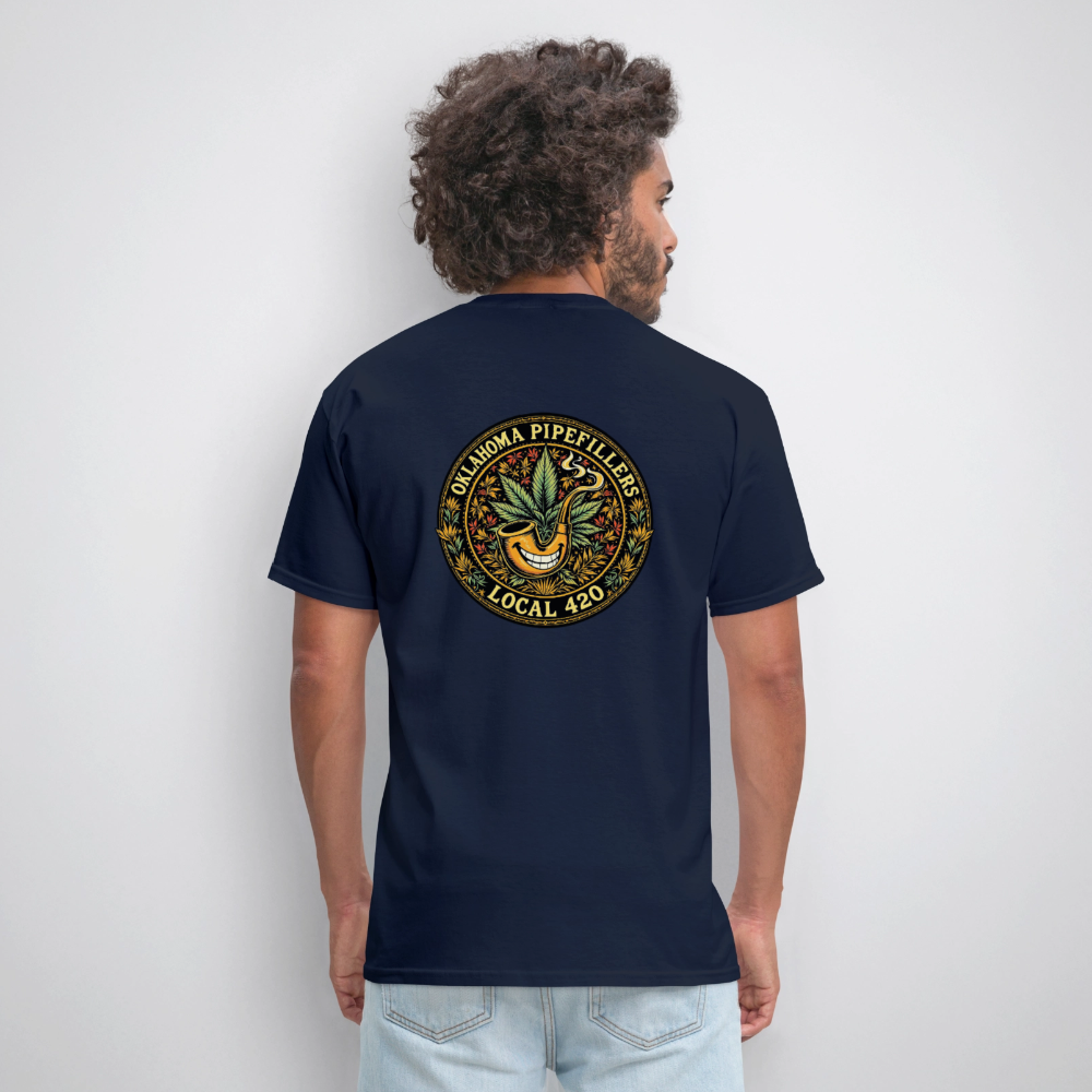 OKLAHOMA PIPEFILLERS LOCAL 420  F/B DESIGNS Men's T-Shirt - navy