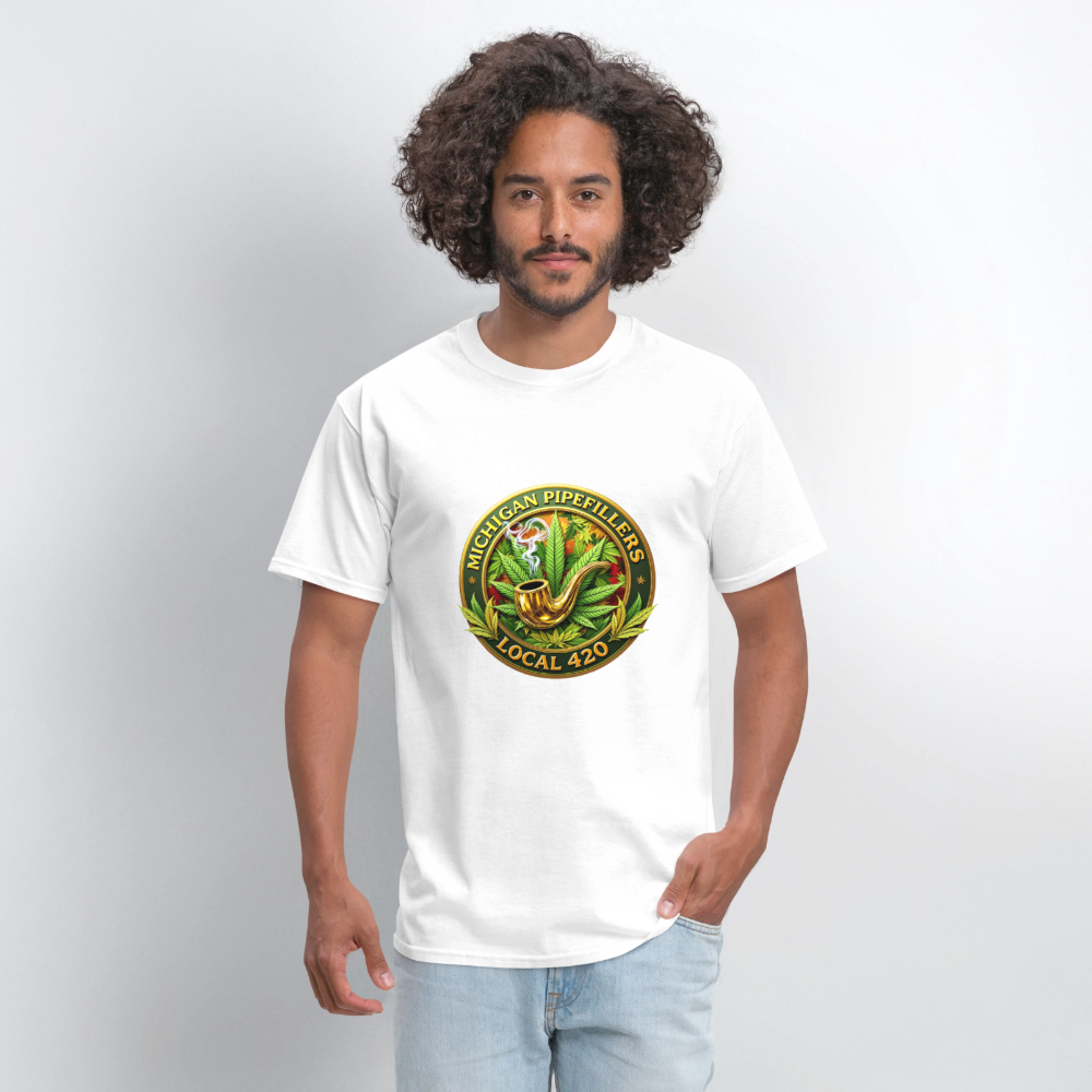 MICHIGAN PIPEFILLERS LOCAL 420 F/B DESIGN Men's T-Shirt - white