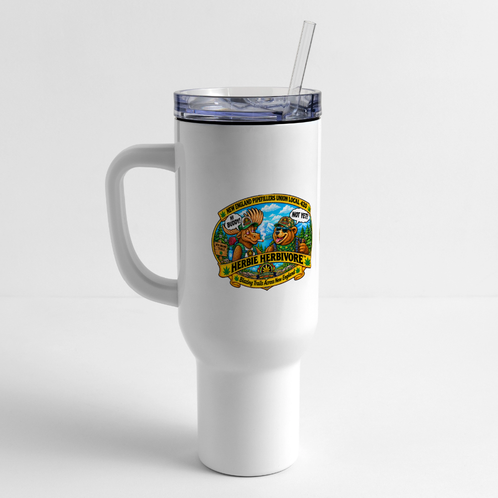 HERBIVE HERBIVORE HI BUDDY NEW ENGLAND PIPEFILLERS UNION LOCAL 420  40 oz Stainless Steel Travel Tumbler - white