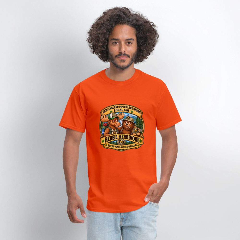HERBIE HURBIVORE and BUDDY NEW ENGLAND PIPEFILLERS UNION LOCAL 420 Cotton Men's Tee - orange