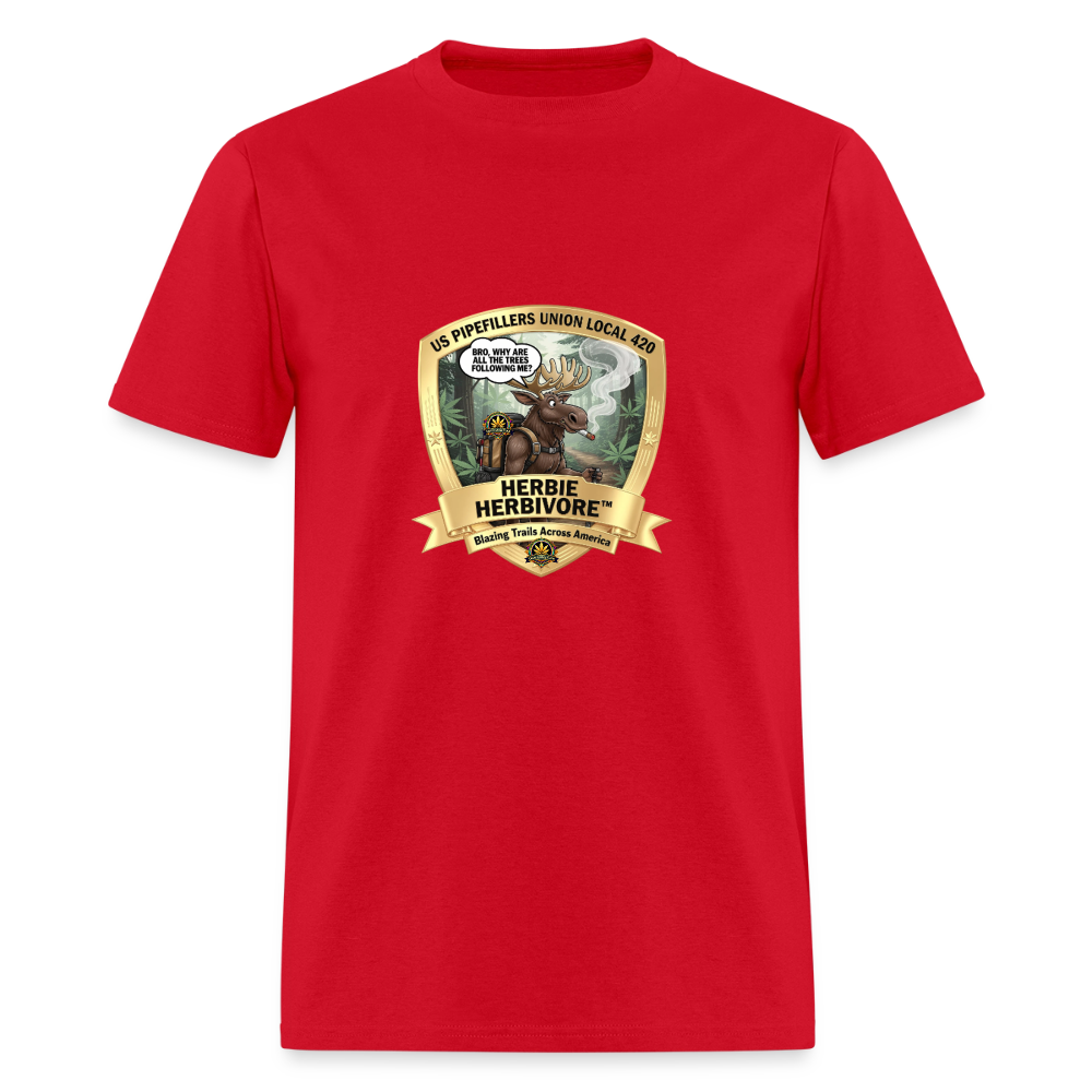 US PIPEFILLERS UNION LOCAL 420 RRO, "HERBIE HERBIVORE" Soft Cotton Tee - red
