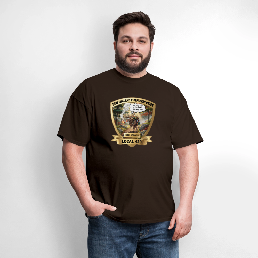 NEW ENGLAND PIPEFILLERS LOCAL 420 HERBIE HERBIVORE F/B EMBLEMS Men's T-Shirt - brown