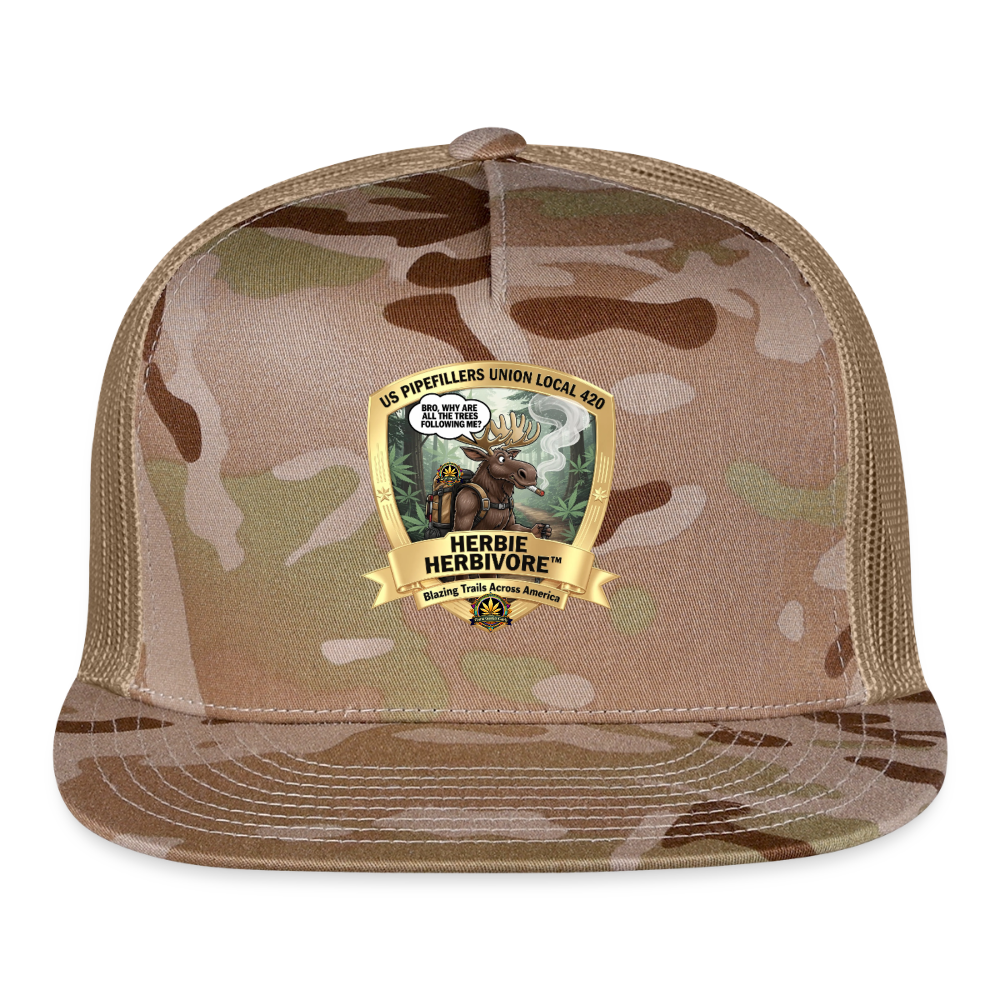 US PIPEFILLERS UNION LOCAL 420 BRO, HERBIE HERBIVORE CAMO Trucker Hat - MultiCam\tan