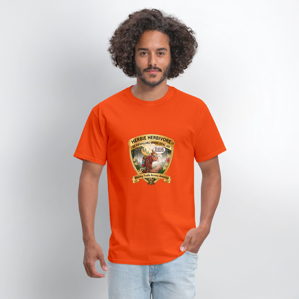 US PIPEFILLERS UNION LOCAL 420 RRO, "HERBIE HERBIVORE" Soft Cotton Tee - orange