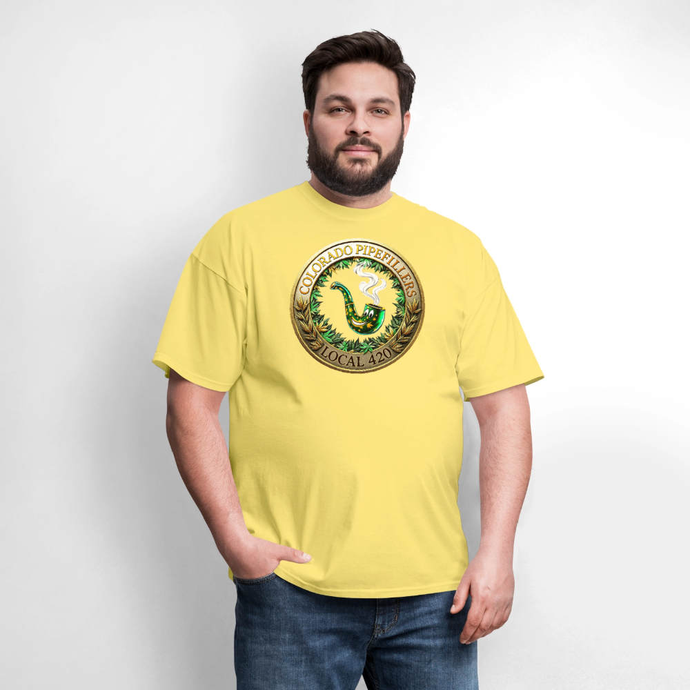 COLORADO PIPEFILLERS LOCAL 420 F/B EMBLEMS Men's T-Shirt - cornsilk