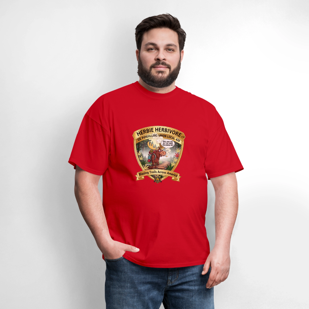 US PIPEFILLERS UNION LOCAL 420 RRO, "HERBIE HERBIVORE" Soft Cotton Tee - red