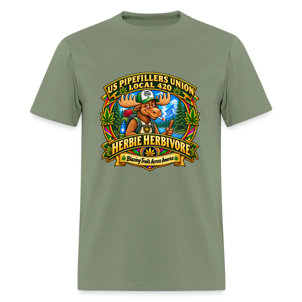 US PIPEFILLERS UNION LOCAL 420 RRO, "HERBIE HERBIVORE TM" Soft Cotton Tee - military green