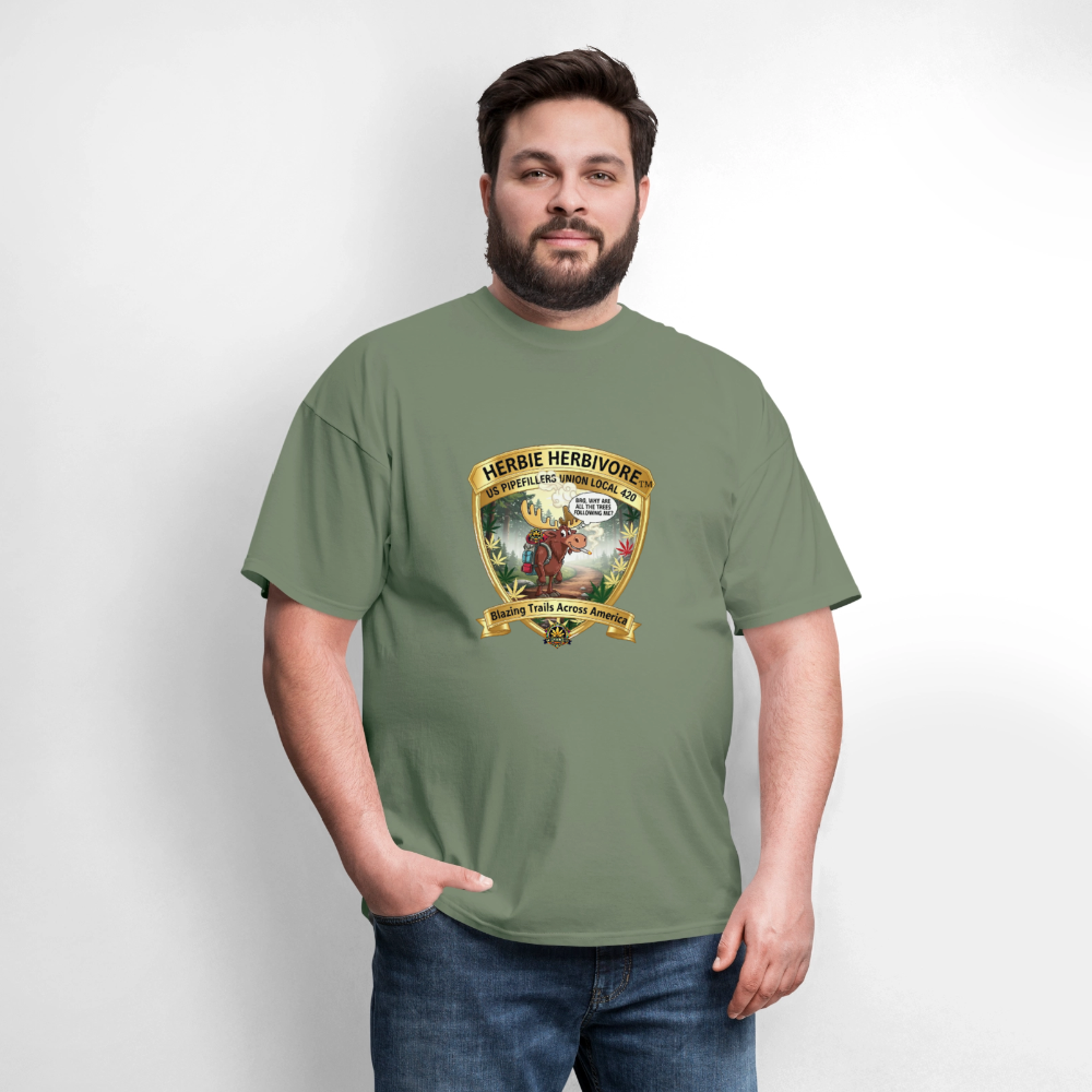 US PIPEFILLERS UNION LOCAL 420 RRO, "HERBIE HERBIVORE" Soft Cotton Tee - military green