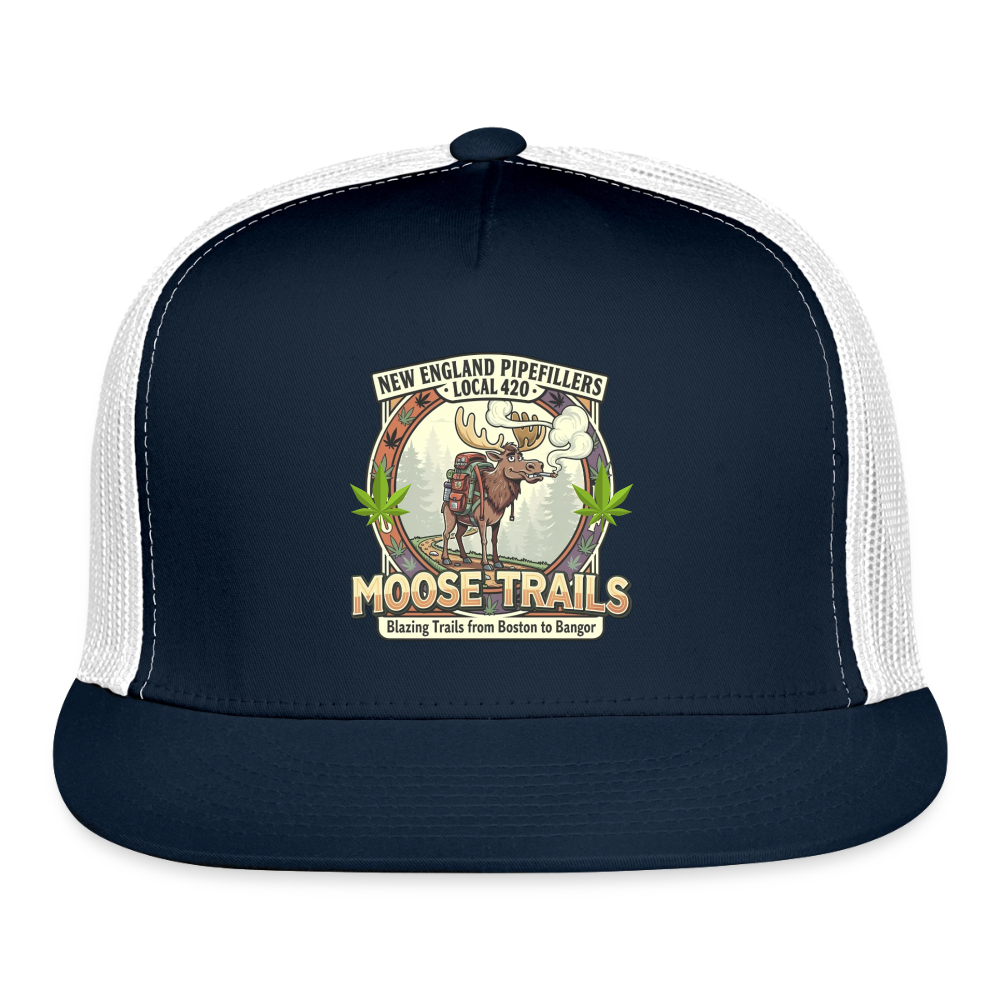 NEW ENGLAND PIPEFILLERS LOCAL 420 "MOOSE TRAILS" Snapback Trucker Hat - navy/white
