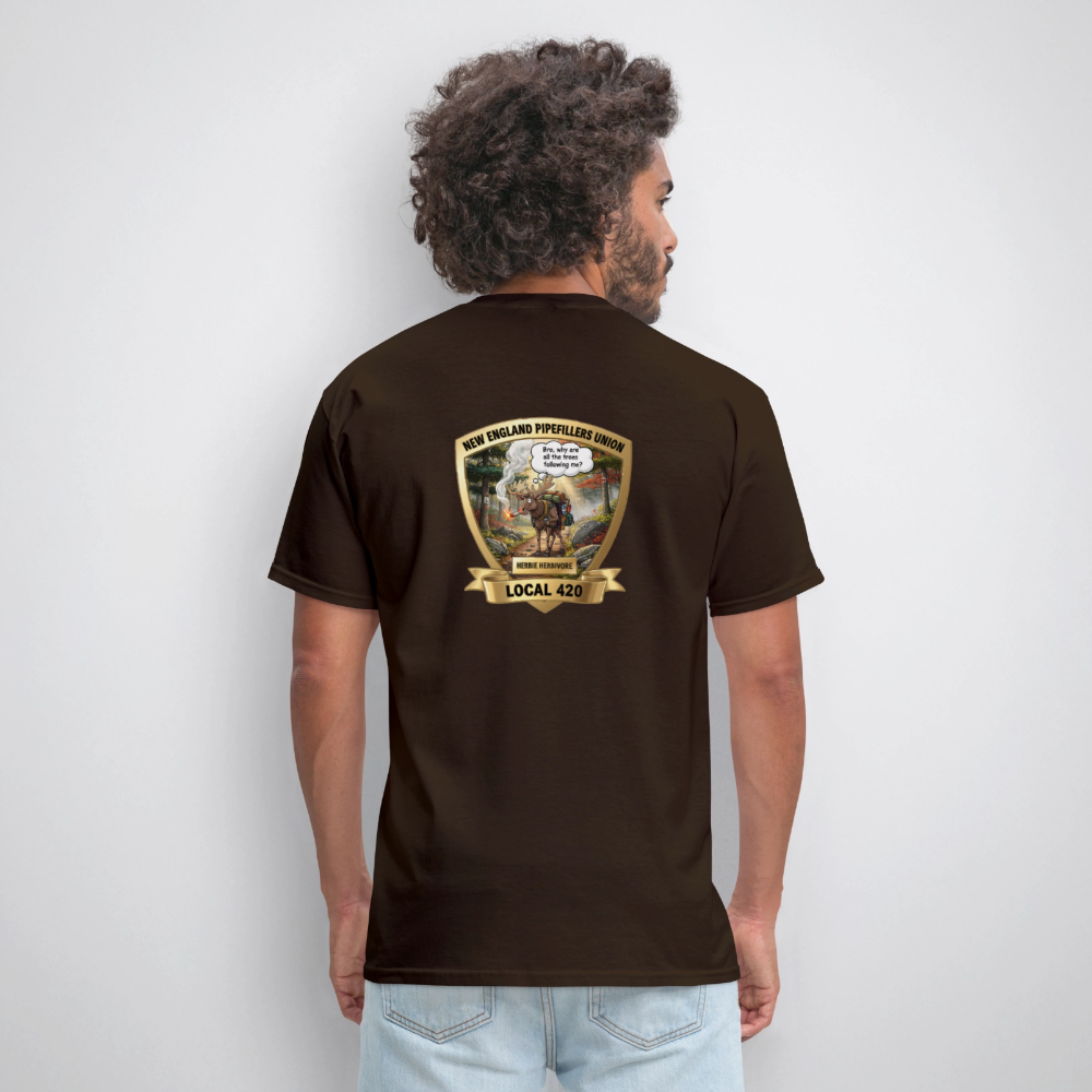 NEW ENGLAND PIPEFILLERS LOCAL 420 HERBIE HERBIVORE F/B EMBLEMS Men's T-Shirt - brown
