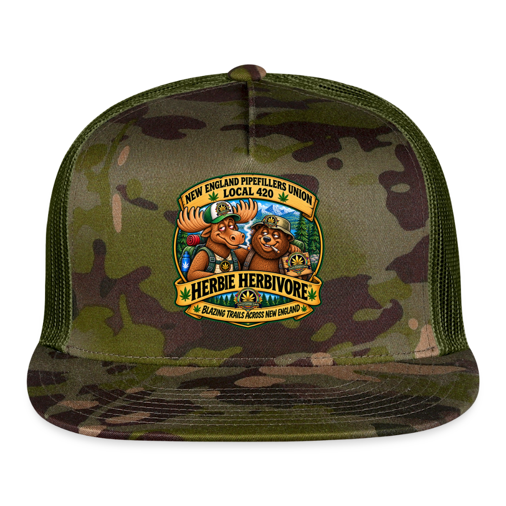 HERBIE HURBIVORE and BUDDY NEW ENGLAND PIPEFILLERS UNION LOCAL 420 CAMO Trucker Hat - MultiCam\green