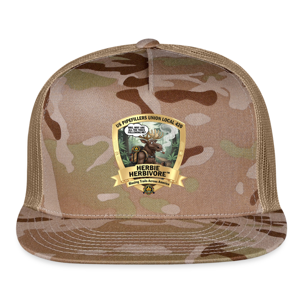 US PIPEFILLERS UNION LOCAL 420 BRO, HERBIE HERBIVORE CAMO Trucker Hat - MultiCam\tan