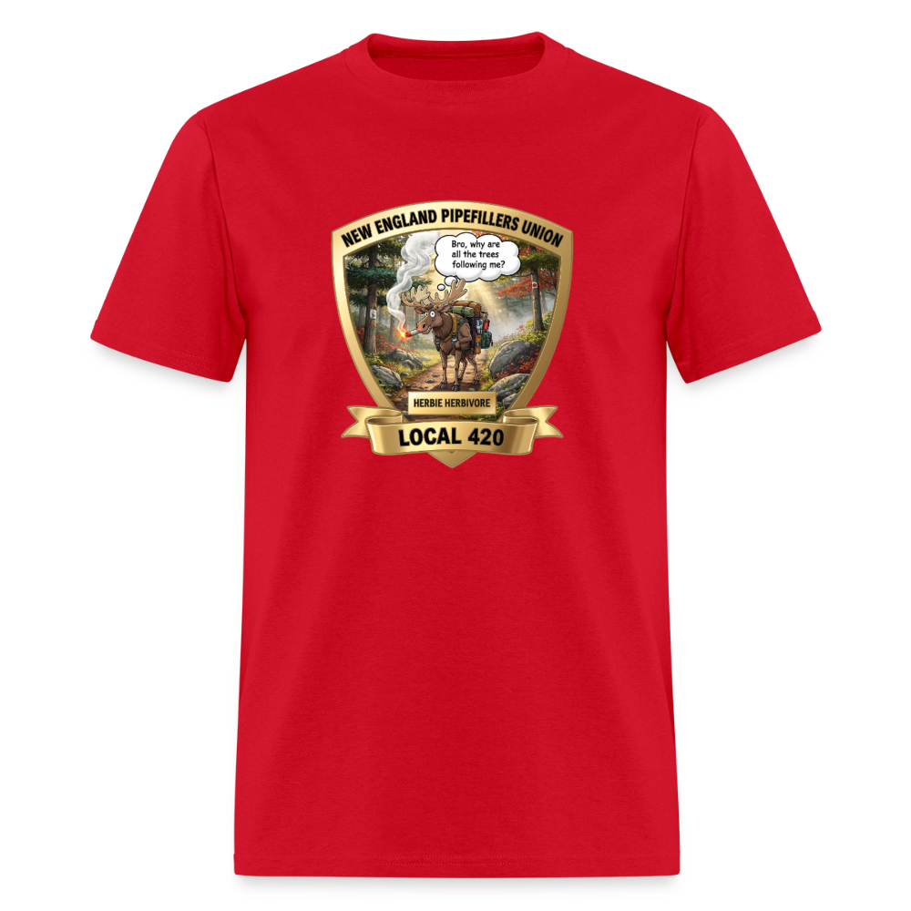 NEW ENGLAND PIPEFILLERS LOCAL 420 HERBIE HERBIVORE F/B EMBLEMS Men's T-Shirt - red